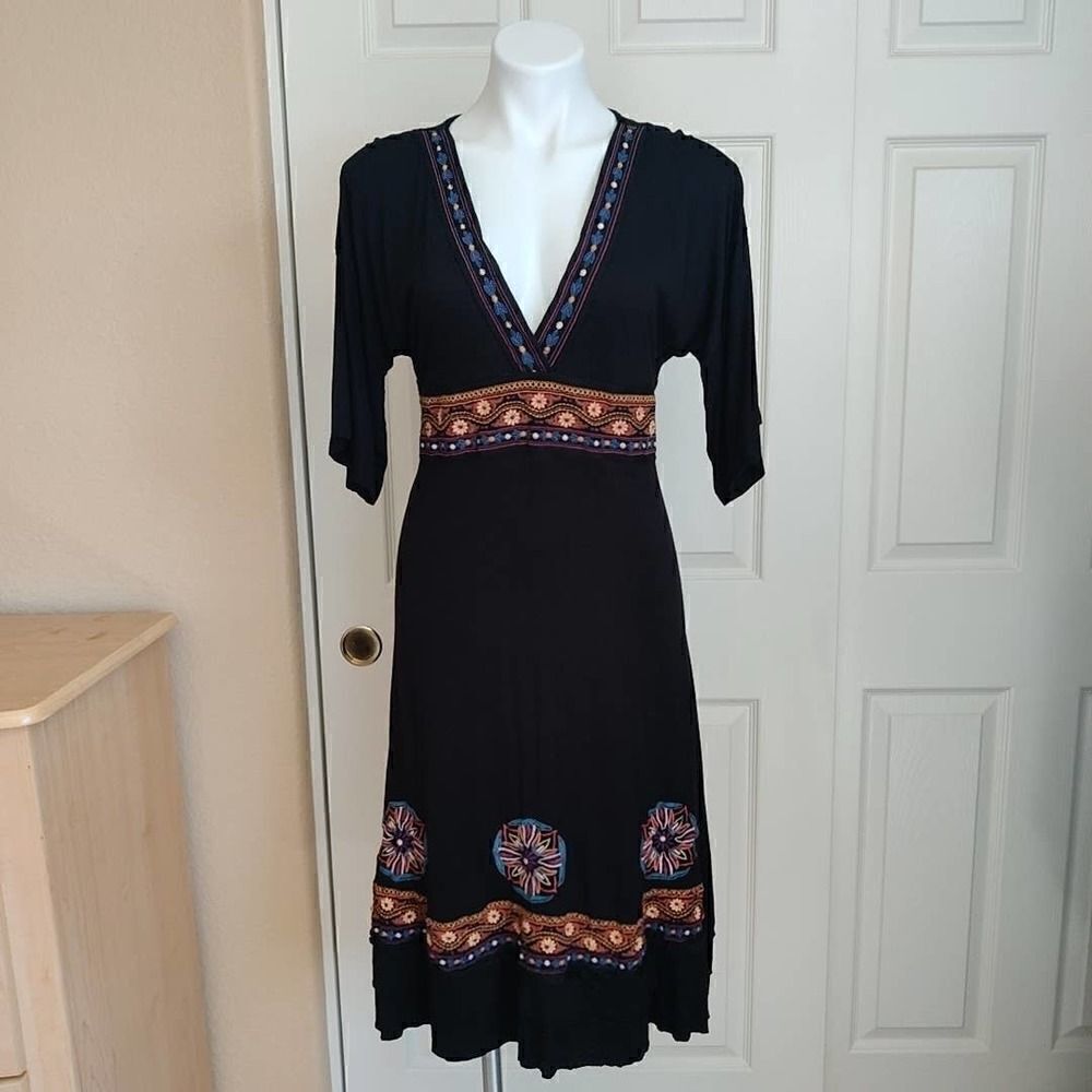Seventh Avenue embroidered boho deep V stretch dress L